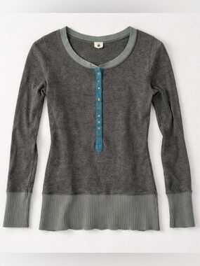 Free People Long Sleeve Thermal Waffle Knit Henley Size L Green and Teal